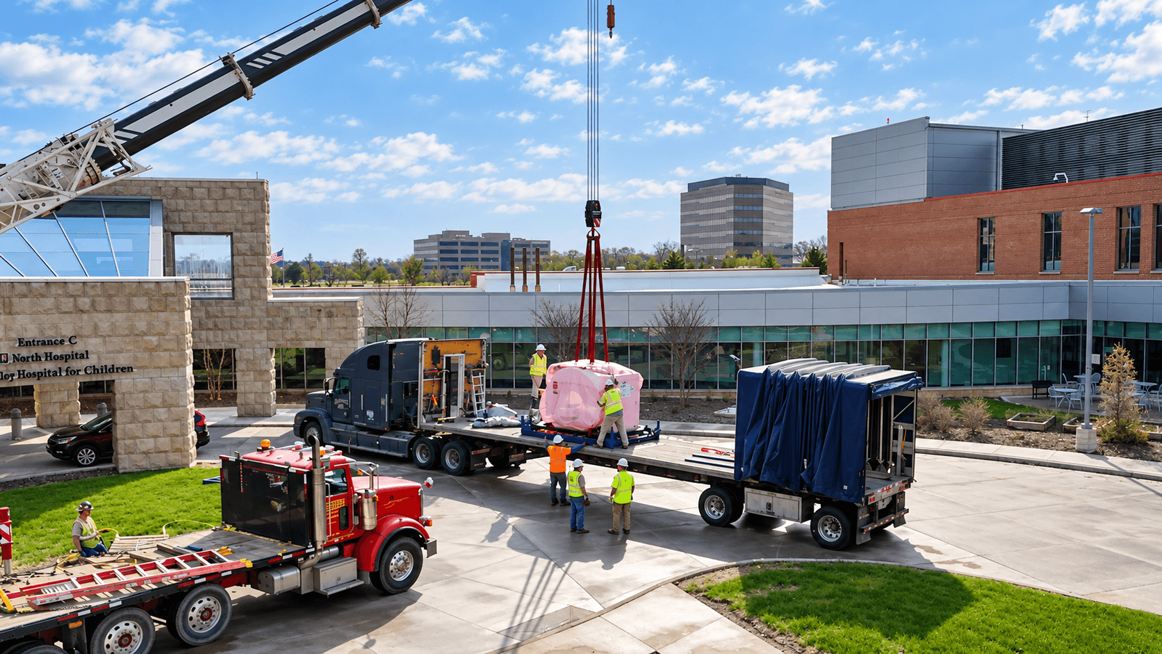 A crane loading a large medical system onto a trailer