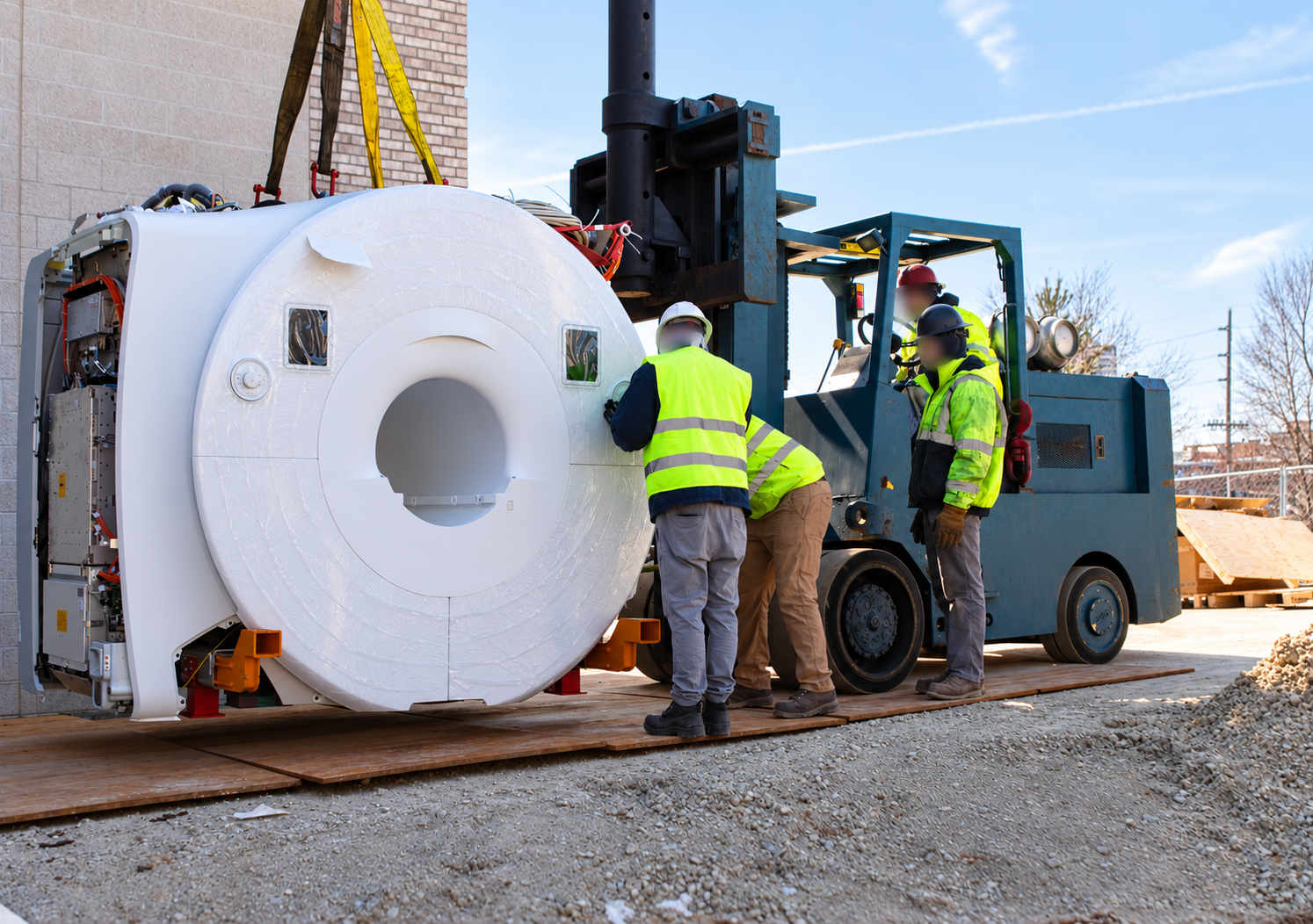 A large MRI magnet being moved into position on site